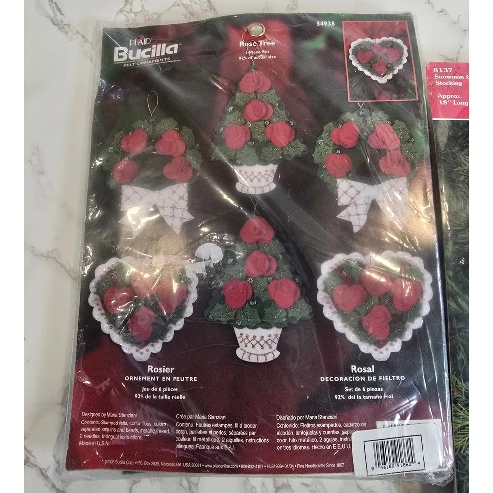 Bucilla Rose Tree Ornaments & Dimensions Snowman Stocking Felt Applique Kits Lot